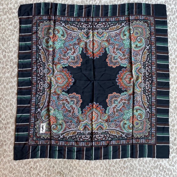 Yves Saint Laurent YSL Black Paisley and Striped Square Silk Scarf, 33” square - Picture 4 of 7
